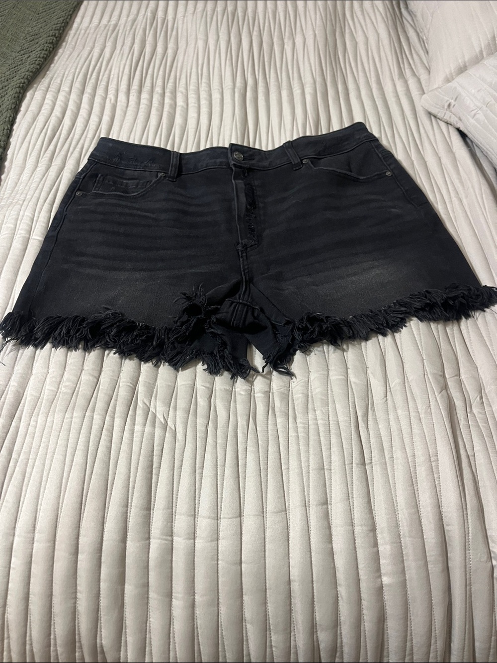 Frayed Hem Black Denim Shorts